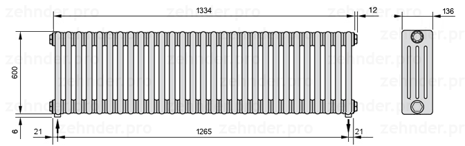 Схема (чертеж) Радиатор Zehnder Charleston 4060/29 №3570 Белый глянцевый RAL 9016